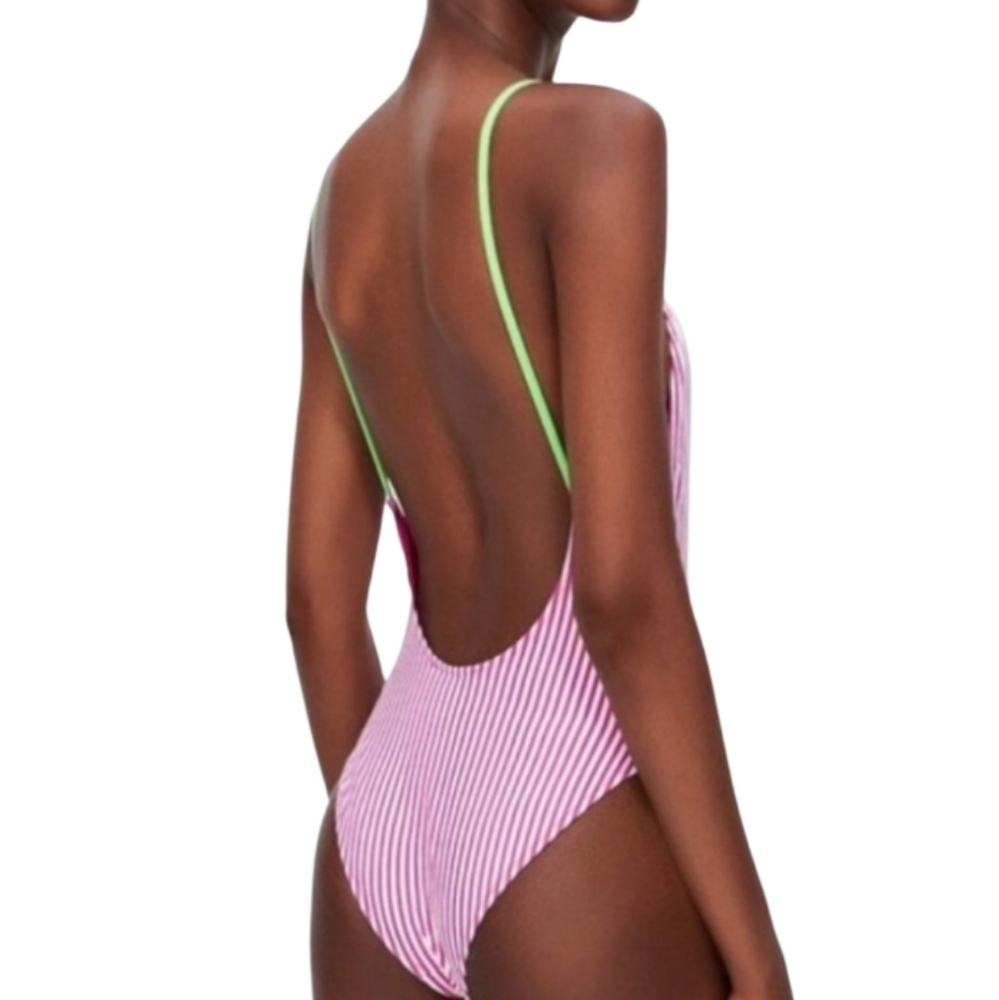 Zara PINK & WHITE STRIPED ONE PIECE SWIMSUIT SZ SMALL NWT - Picture 2 of 4